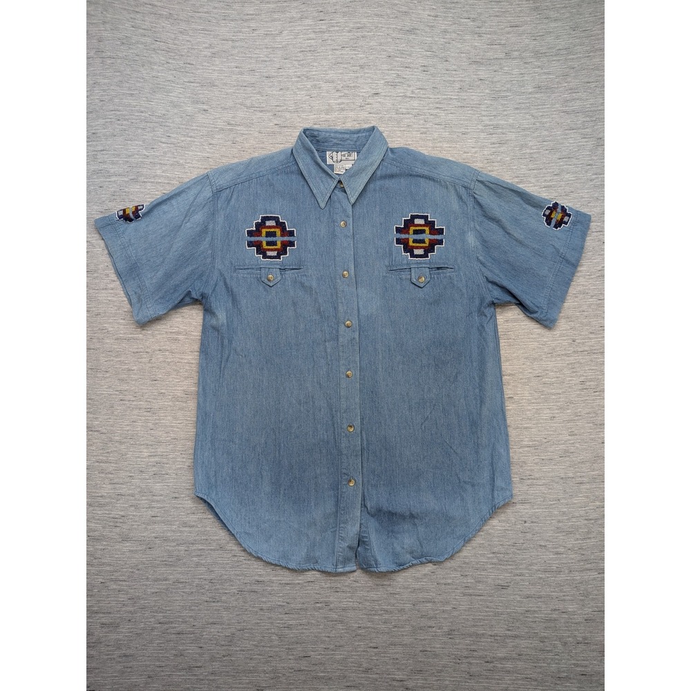 The Shirt Inc. Denim‎ Shirt Southwestern Beaded Short Sleeve Top Large FLAW